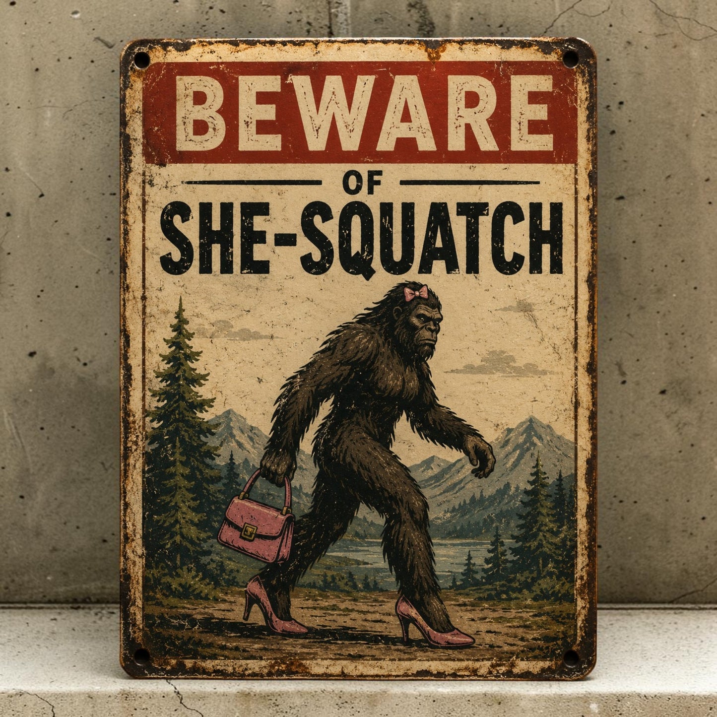 Handmade aluminum Beware of She-Squatch sign featuring a Sasquatch wearing high heels and carrying a purse.