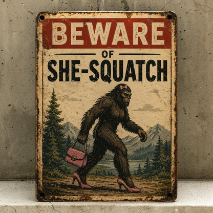 Handmade aluminum Beware of She-Squatch sign featuring a Sasquatch wearing high heels and carrying a purse.