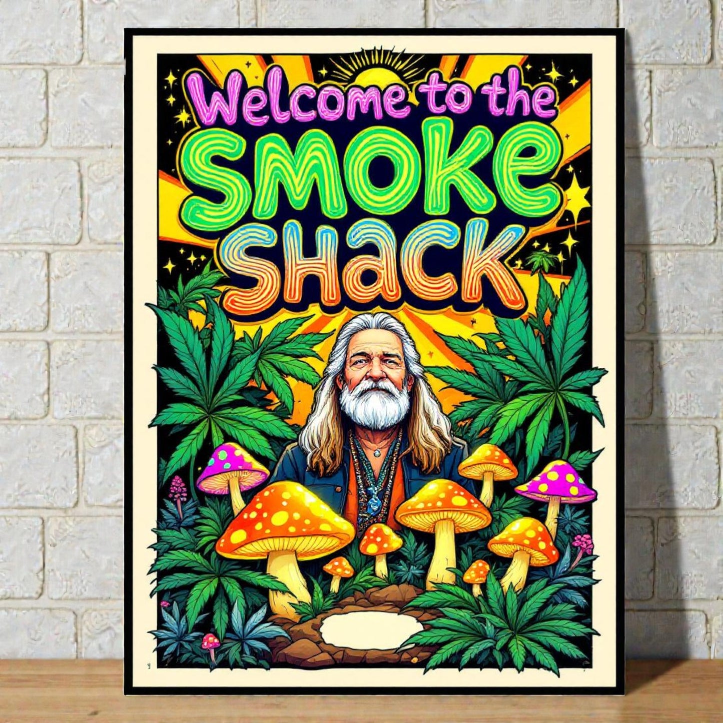 Poster with 'Welcome to the Smoke Shack' text, mushrooms, and a person in front of a brick wall.