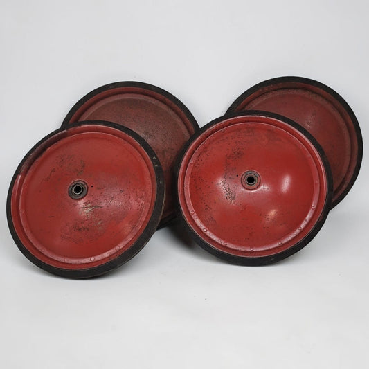 Authentic vintage Soap Box Derby wheels with original embossed official rubber tires.