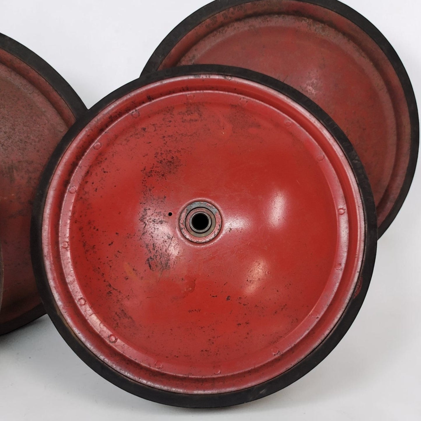 Authentic vintage Soap Box Derby wheels with original embossed official rubber tires.