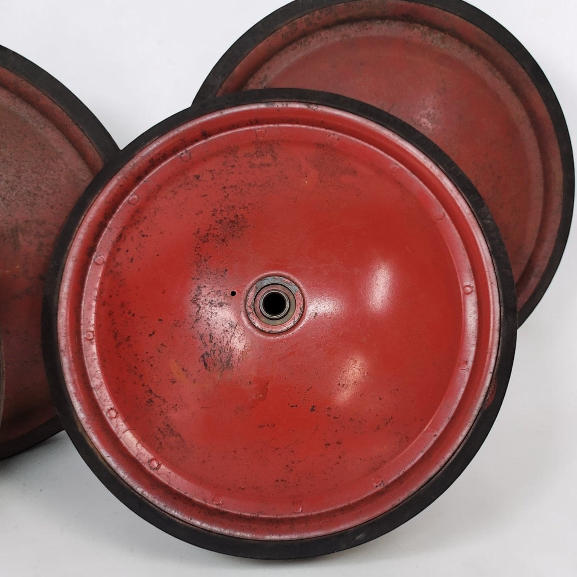 Authentic vintage Soap Box Derby wheels with original embossed official rubber tires.