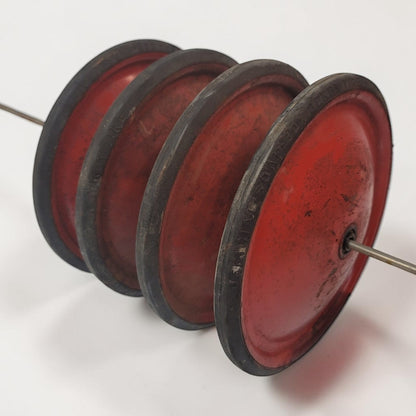 Authentic vintage Soap Box Derby wheels with original embossed official rubber tires.