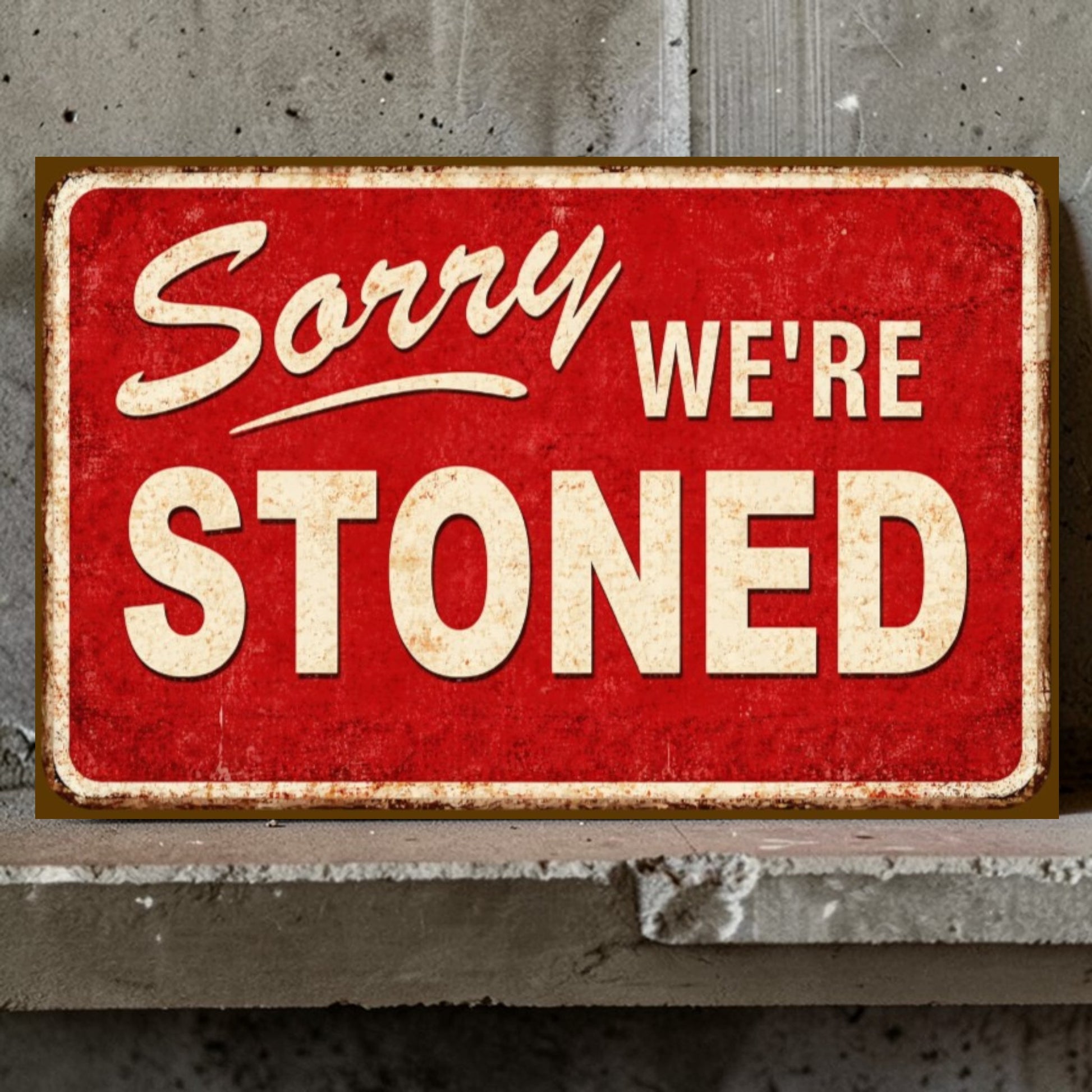 Red sign with 'Sorry We're Stoned' text on a concrete wall.