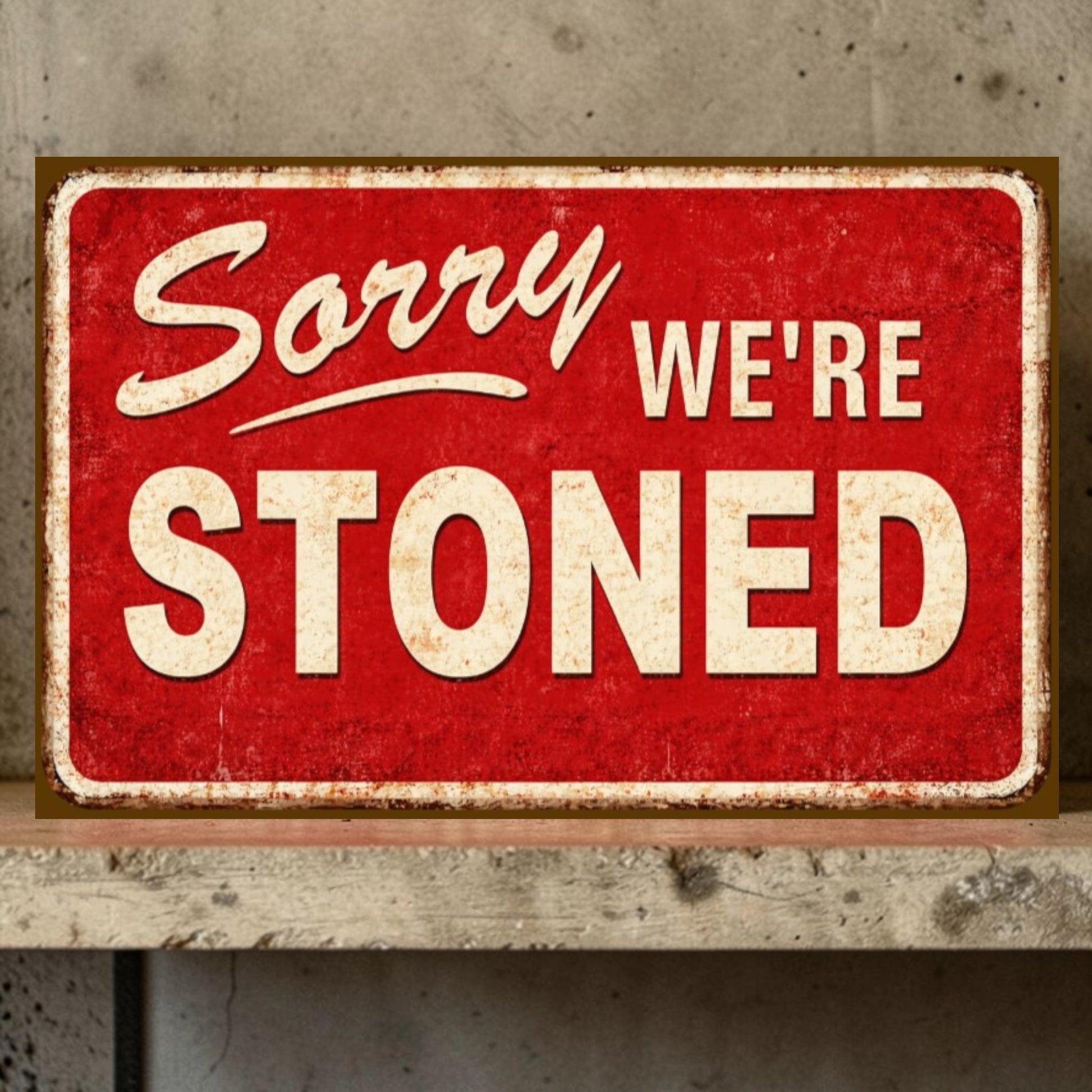 Red sign with white text 'Sorry WE'RE STONED' on a wooden surface.
