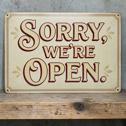 Sorry We're Open Funny Business Sign Sarcastic Metal Decor
