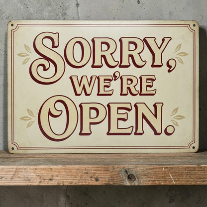 Sorry We're Open Funny Business Sign Sarcastic Metal Decor