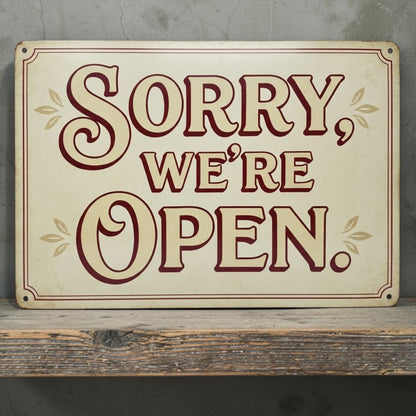 Sorry We're Open Funny Business Sign Sarcastic Metal Decor