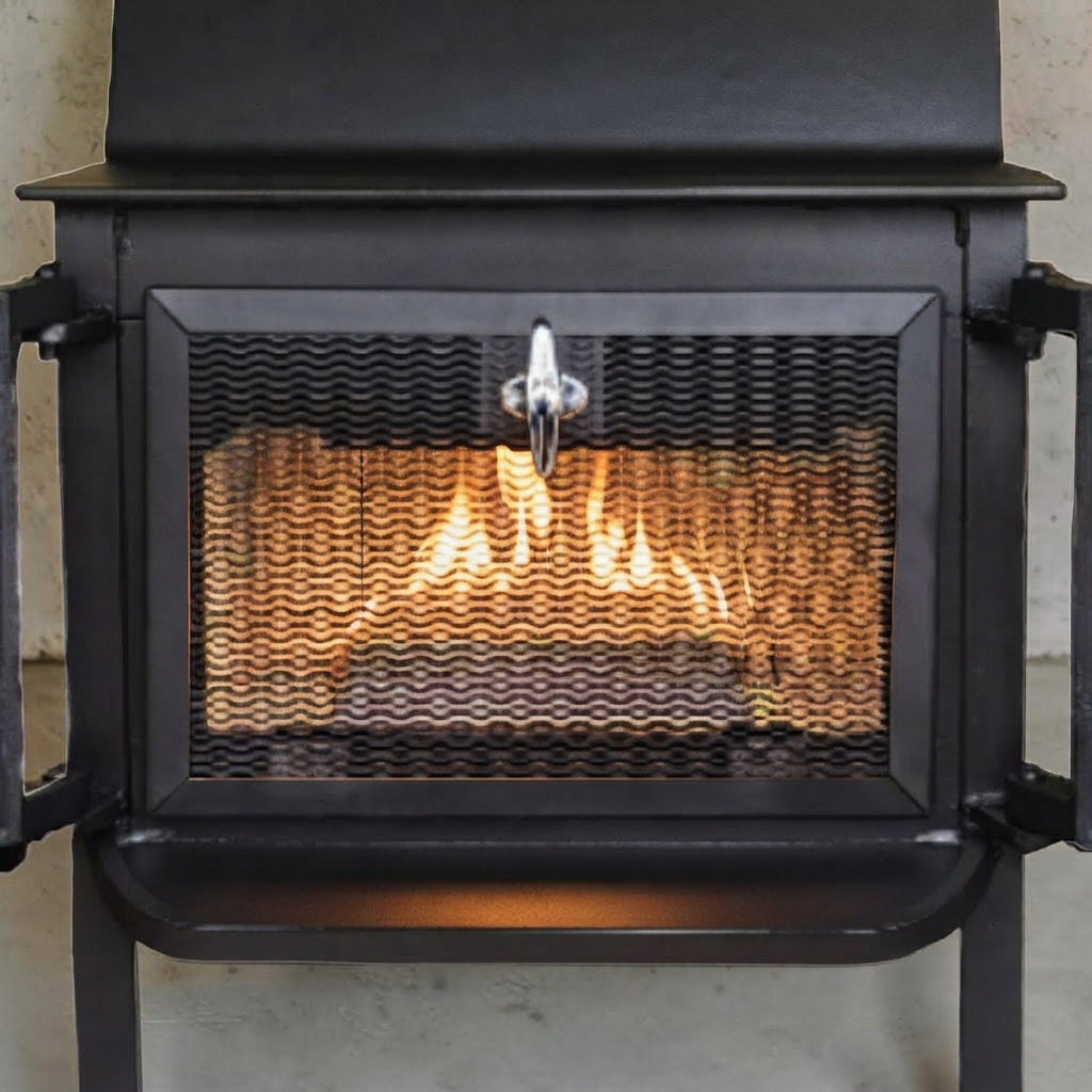 Fisher Grandma Bear wood stove full nickel cathedral doors
