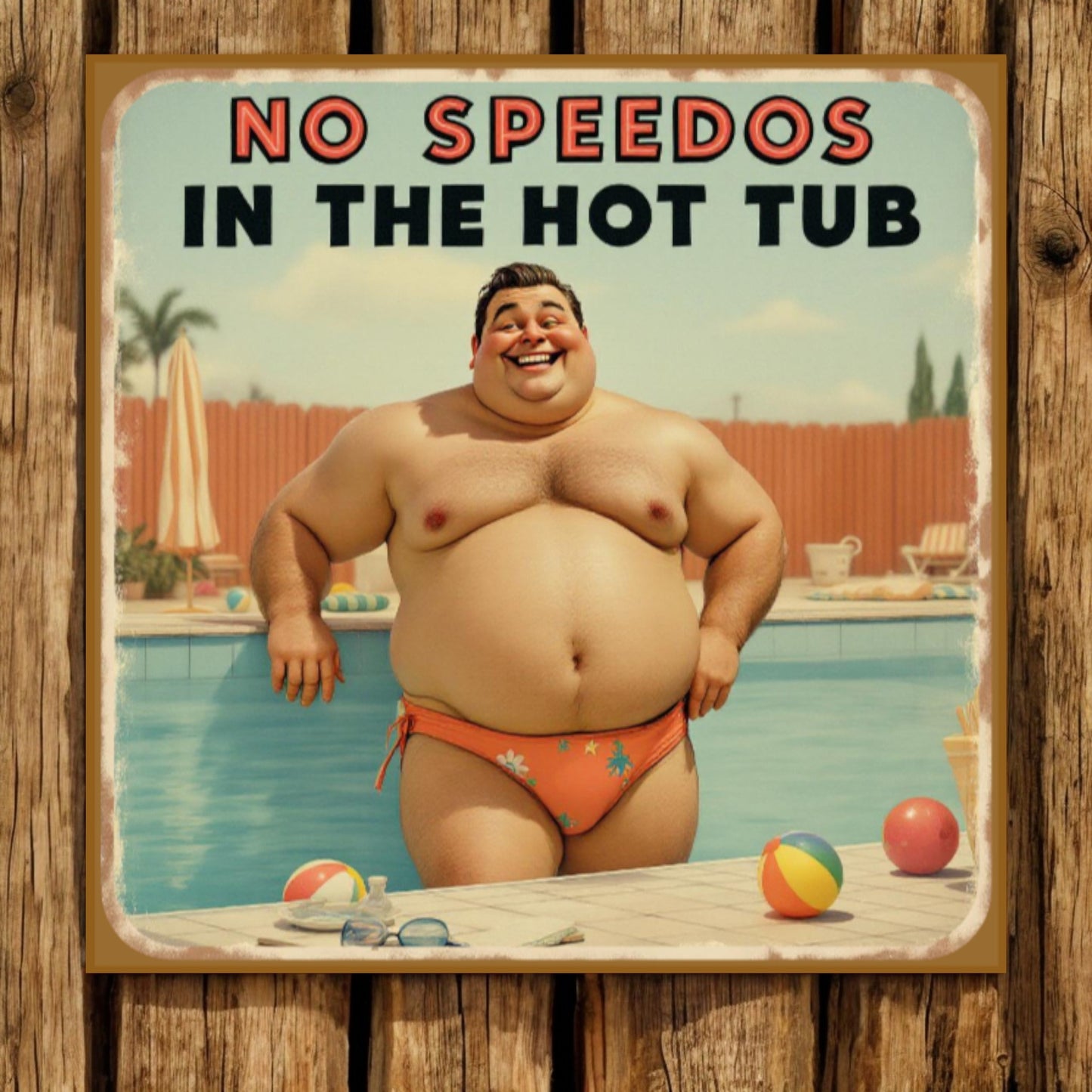Vintage-style sign with a man in a speedo by a pool, text 'No Speedos in the Hot Tub'.