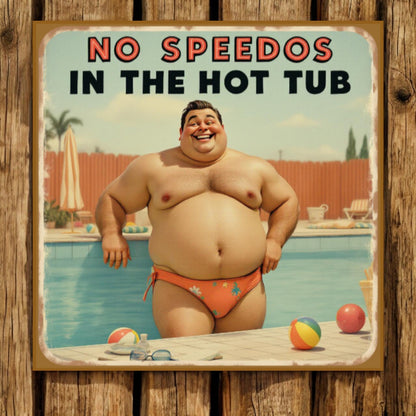 Vintage-style sign with a man in a speedo by a pool, text 'No Speedos in the Hot Tub'.