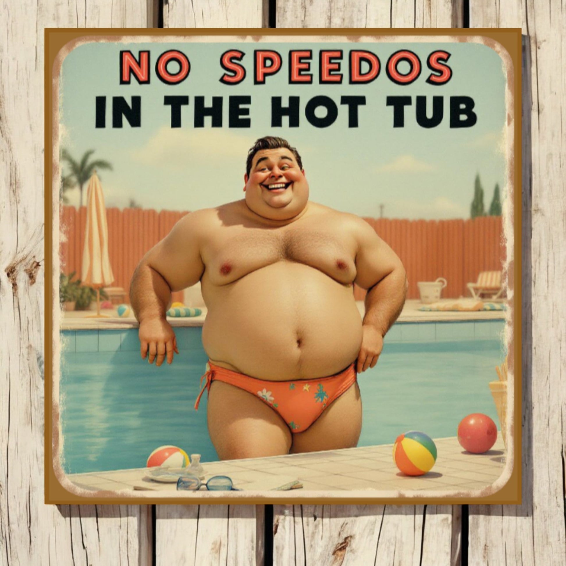 Vintage-style sign with a man in a swimsuit by a pool, text 'No Speedos in the Hot Tub'.