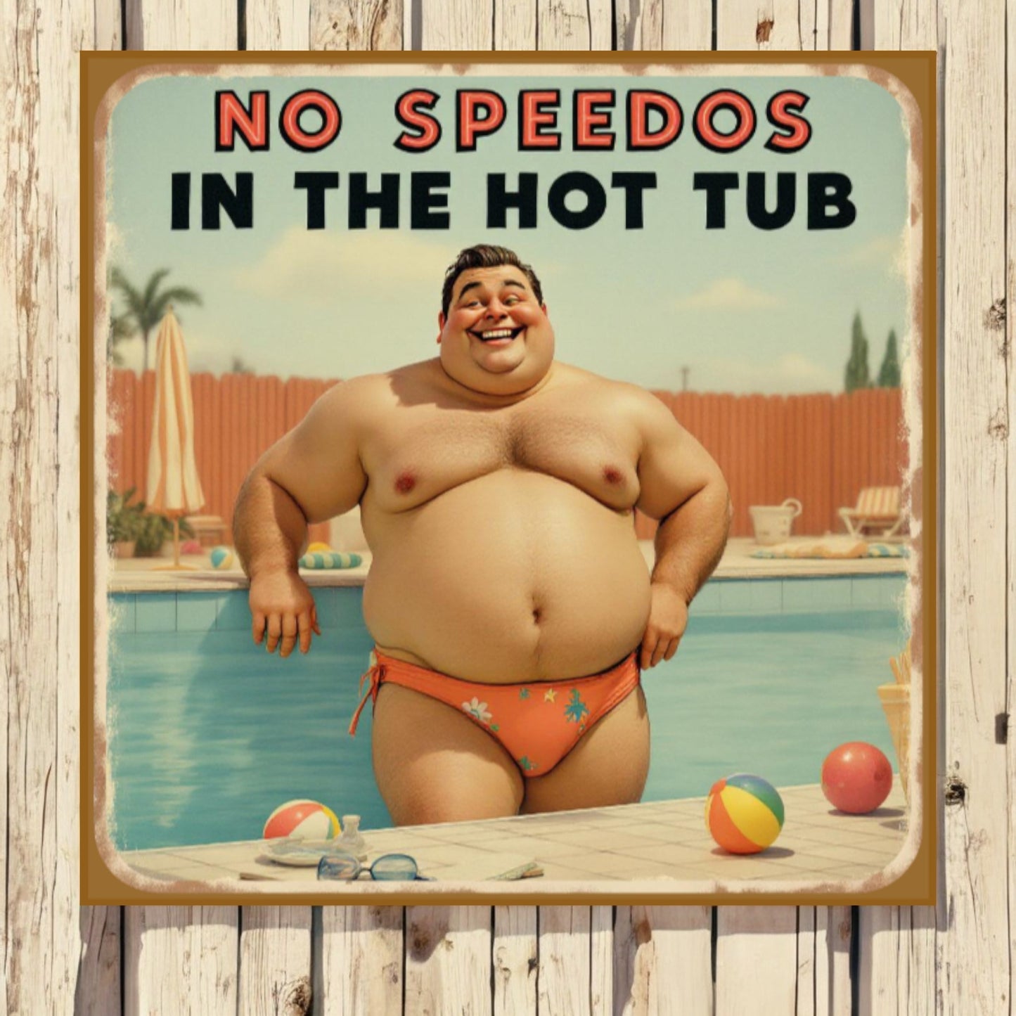 Vintage-style sign with a man in an orange Speedo by a pool, with text 'No Speedos in the Hot Tub'.