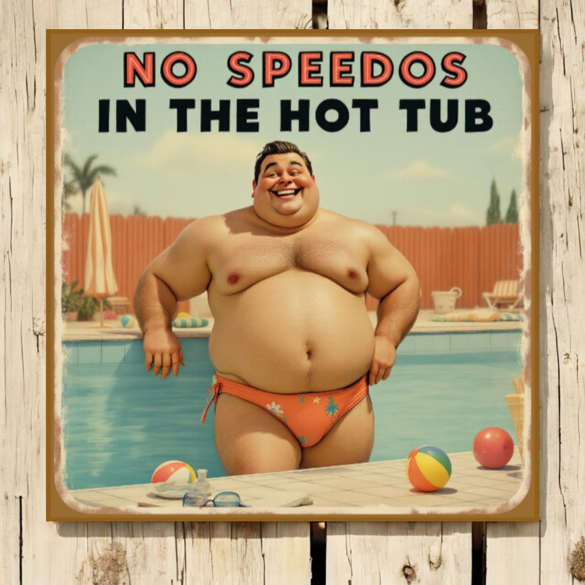 Vintage-style sign with a man in a speedo by a pool, text 'No Speedos in the Hot Tub'.