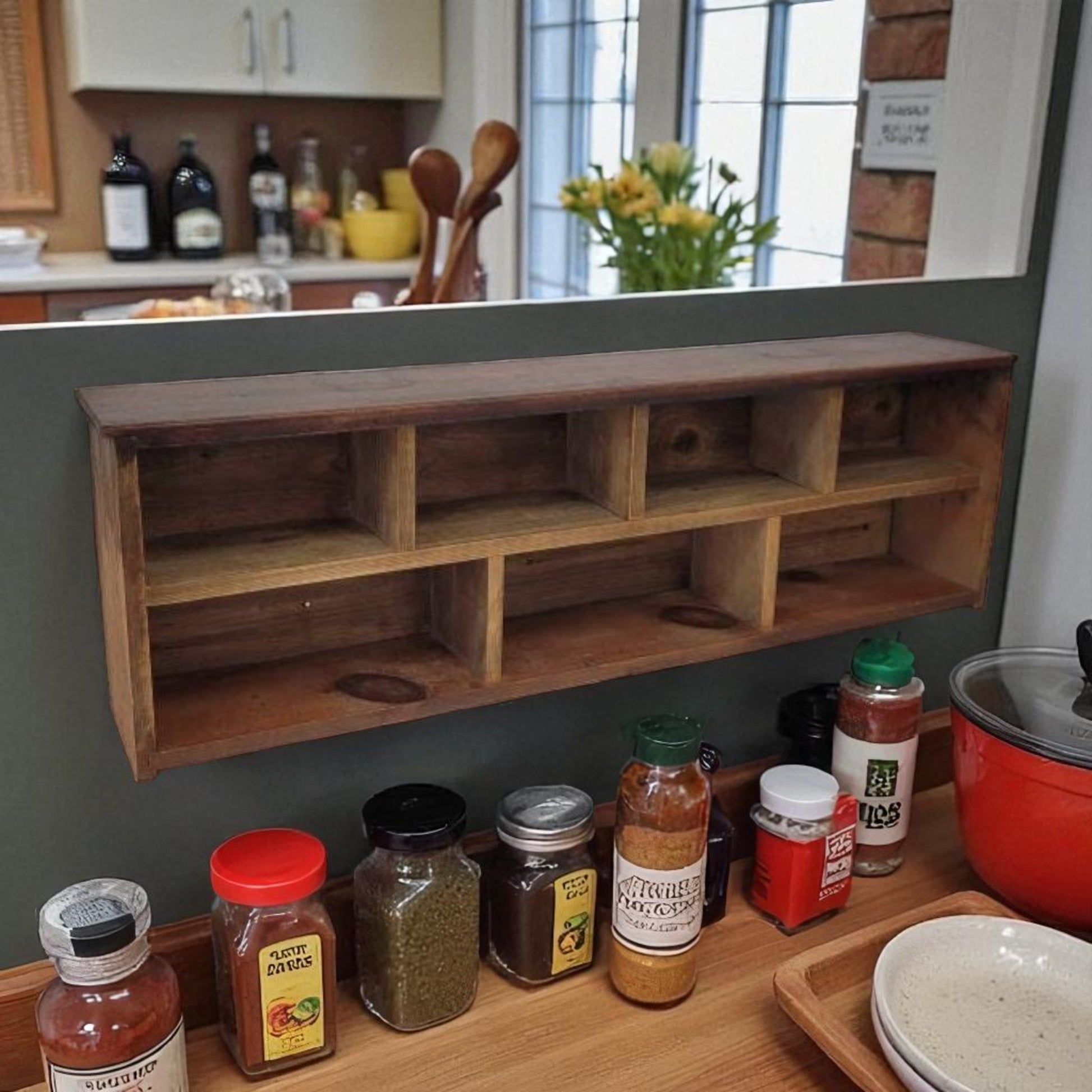 Wooden spice rack with various spices on a kitchen counter