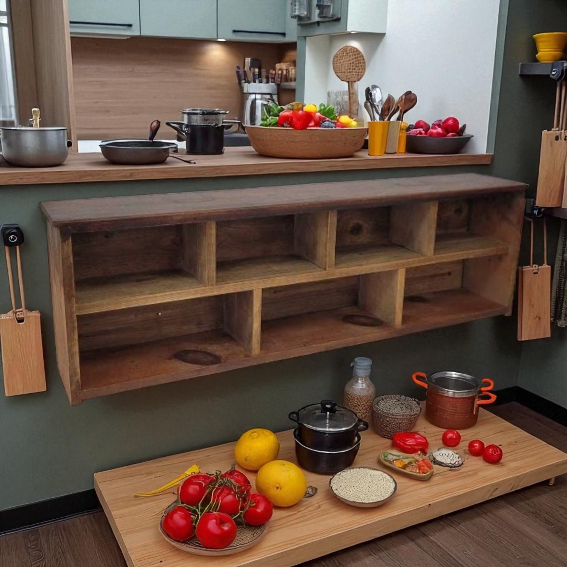 Kitchen with wooden shelves, countertops, and various kitchen items.