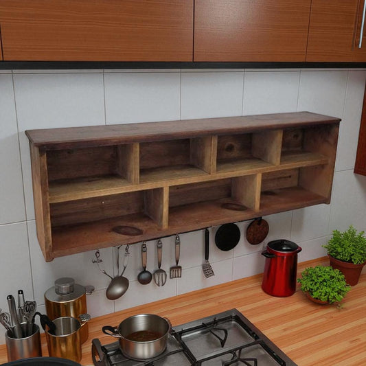 Wooden wall shelf above a stove with kitchen utensils and pots in a kitchen setting.