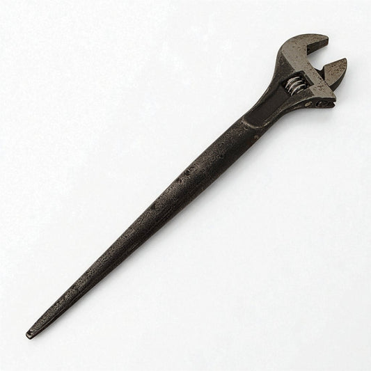 Worn adjustable wrench on a white background