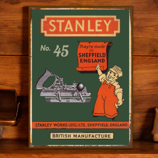 Vintage-style Stanley sign with a cartoon character on a wooden background