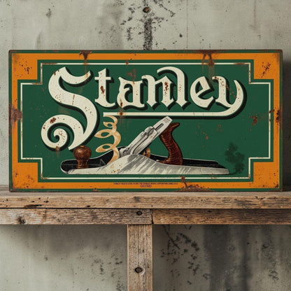 Rustic retro Stanley Wood Planes aluminum sign for woodworking shop decor.
