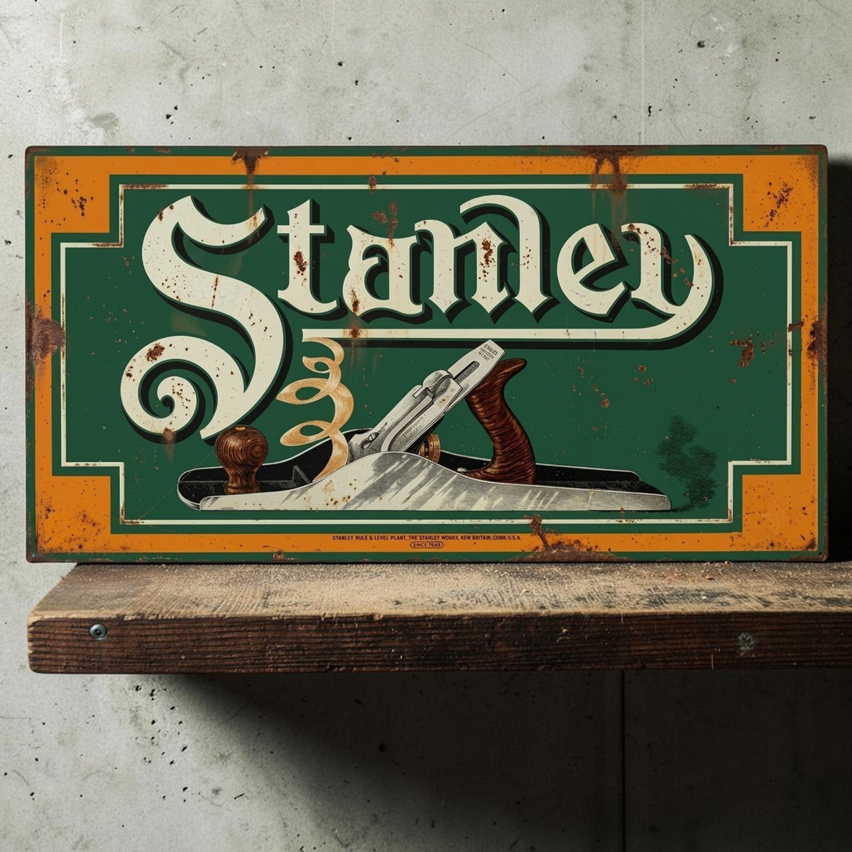 Rustic retro Stanley Wood Planes aluminum sign for woodworking shop decor.
