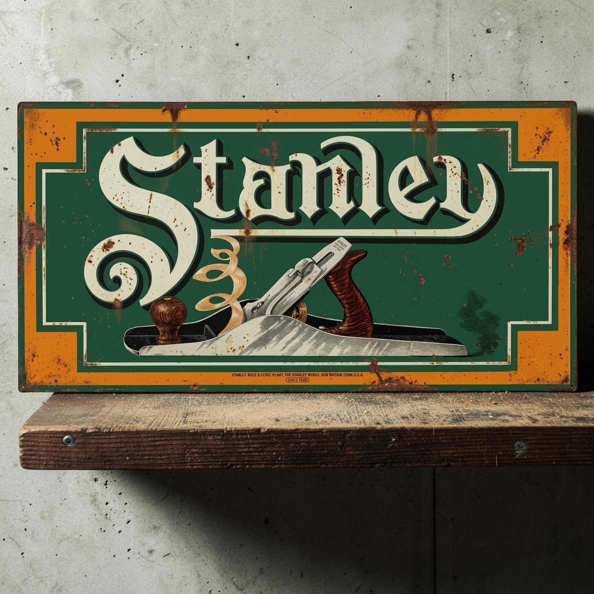 Rustic retro Stanley Wood Planes aluminum sign for woodworking shop decor.
