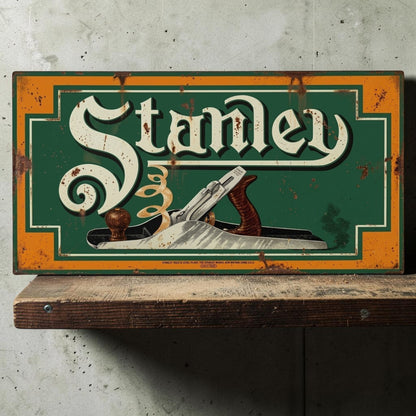 Rustic retro Stanley Wood Planes aluminum sign for woodworking shop decor.
