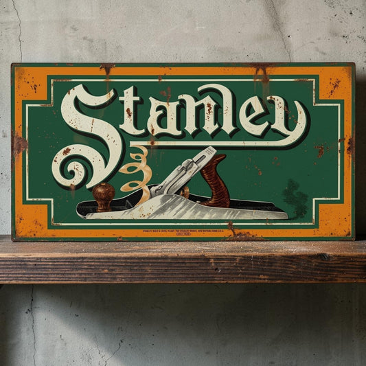 Rustic retro Stanley Wood Planes aluminum sign for woodworking shop decor.
