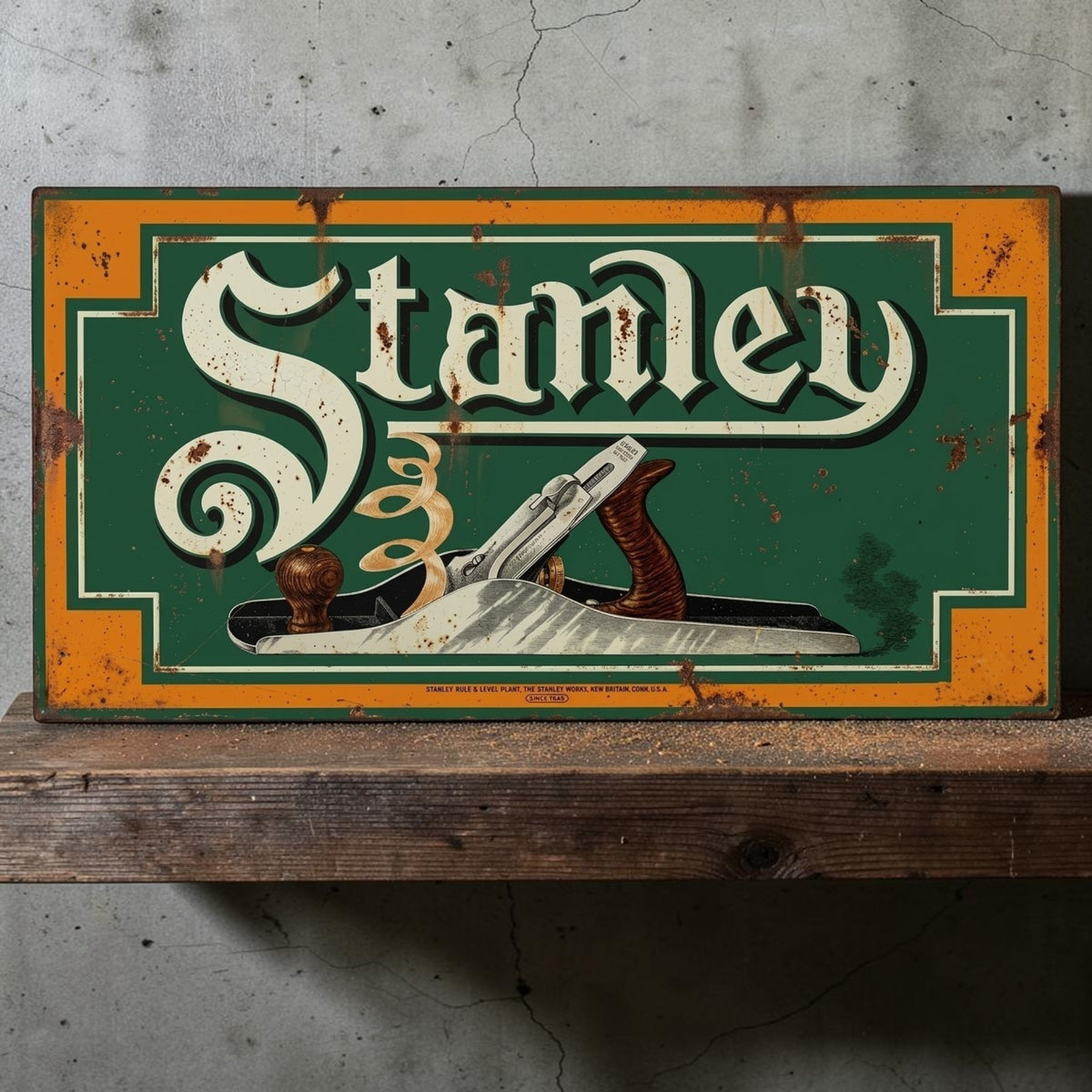 Rustic retro Stanley Wood Planes aluminum sign for woodworking shop decor.
