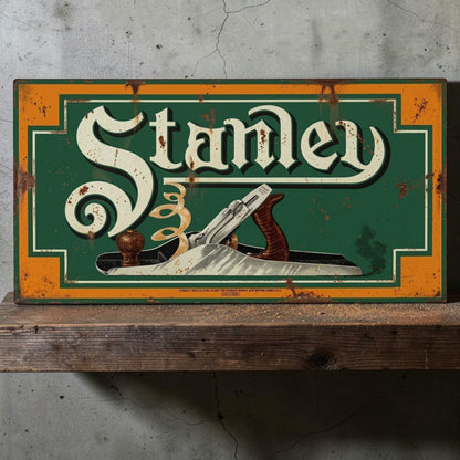Rustic retro Stanley Wood Planes aluminum sign for woodworking shop decor.
