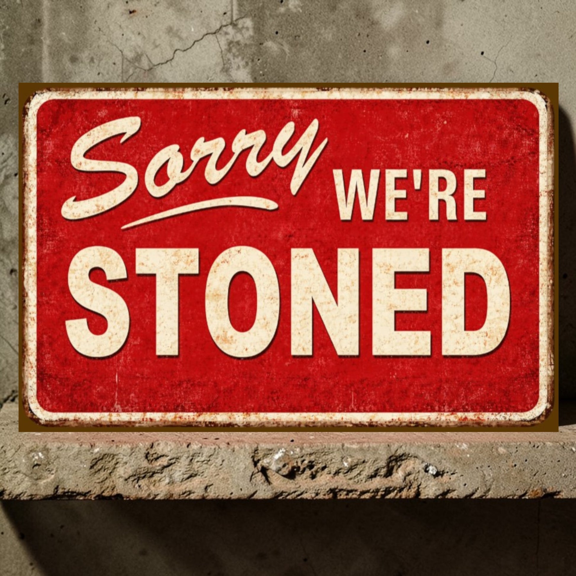 Red sign with 'Sorry WE'RE STONED' text on a textured wall background