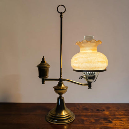 Vintage brass student lamp with hurricane-style shade, 25 inches tall.