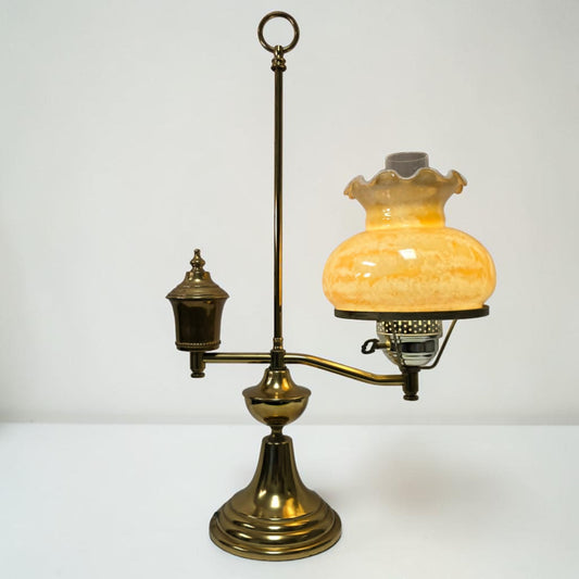 Vintage brass student lamp with hurricane-style shade, 25 inches tall.