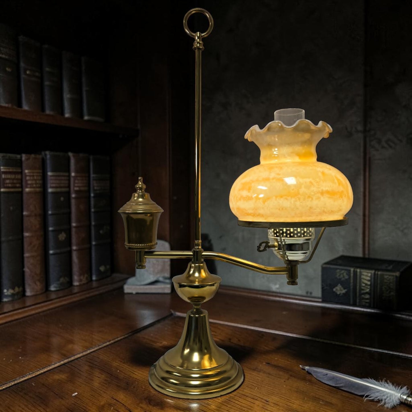 Vintage brass student lamp with hurricane-style shade, 25 inches tall.