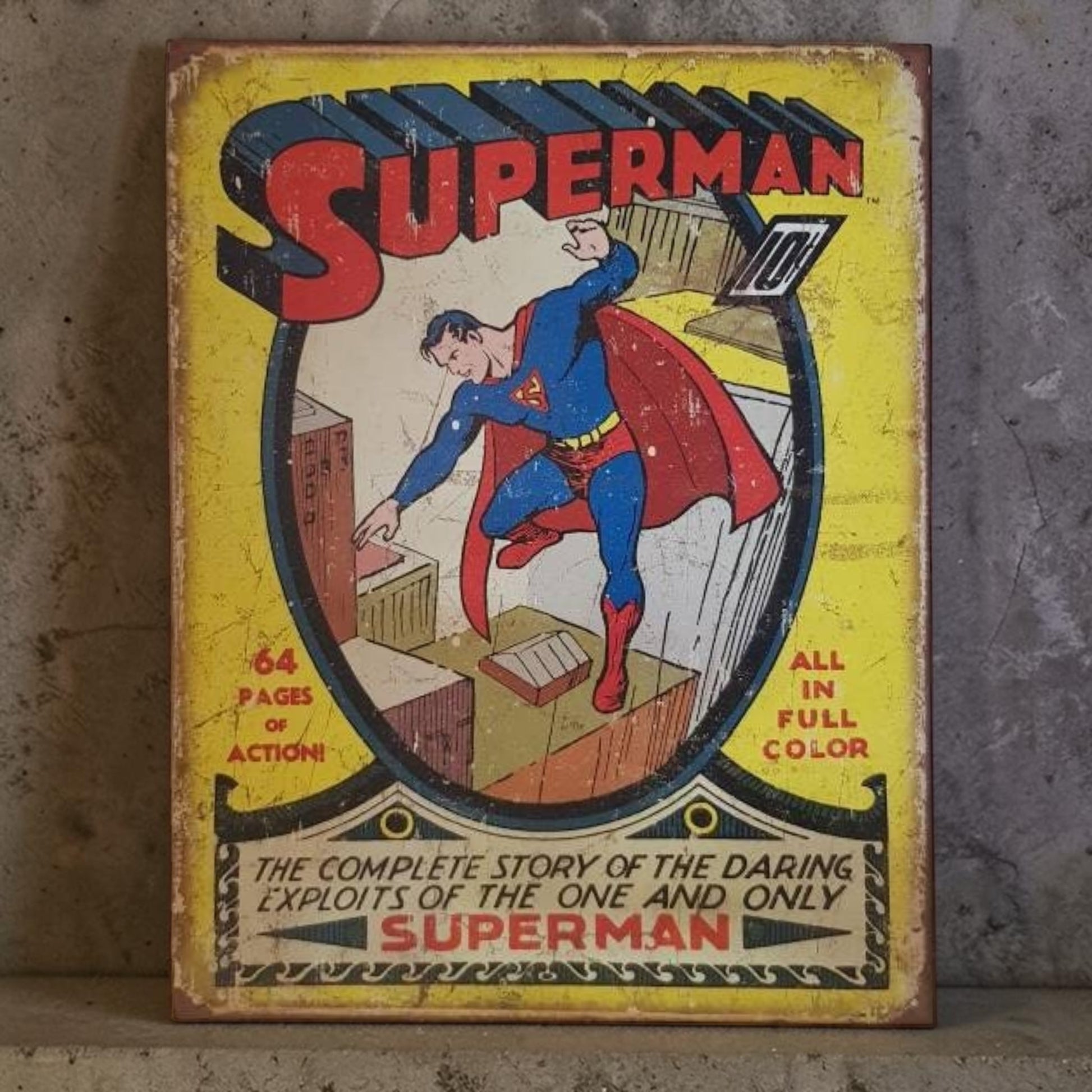 Vintage Superman comic book metal sign, perfect for superhero fans, dorm rooms, and collectible wall décor.