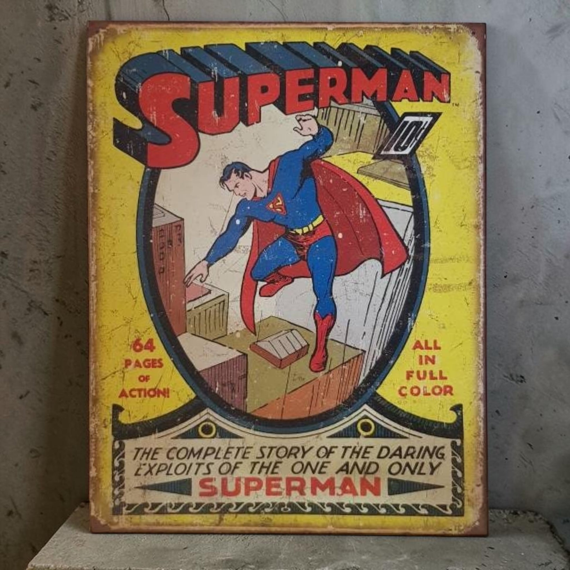 Vintage Superman comic book metal sign, perfect for superhero fans, dorm rooms, and collectible wall décor.
