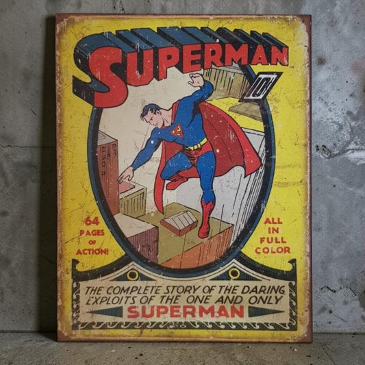 Vintage Superman comic book metal sign, perfect for superhero fans, dorm rooms, and collectible wall décor.