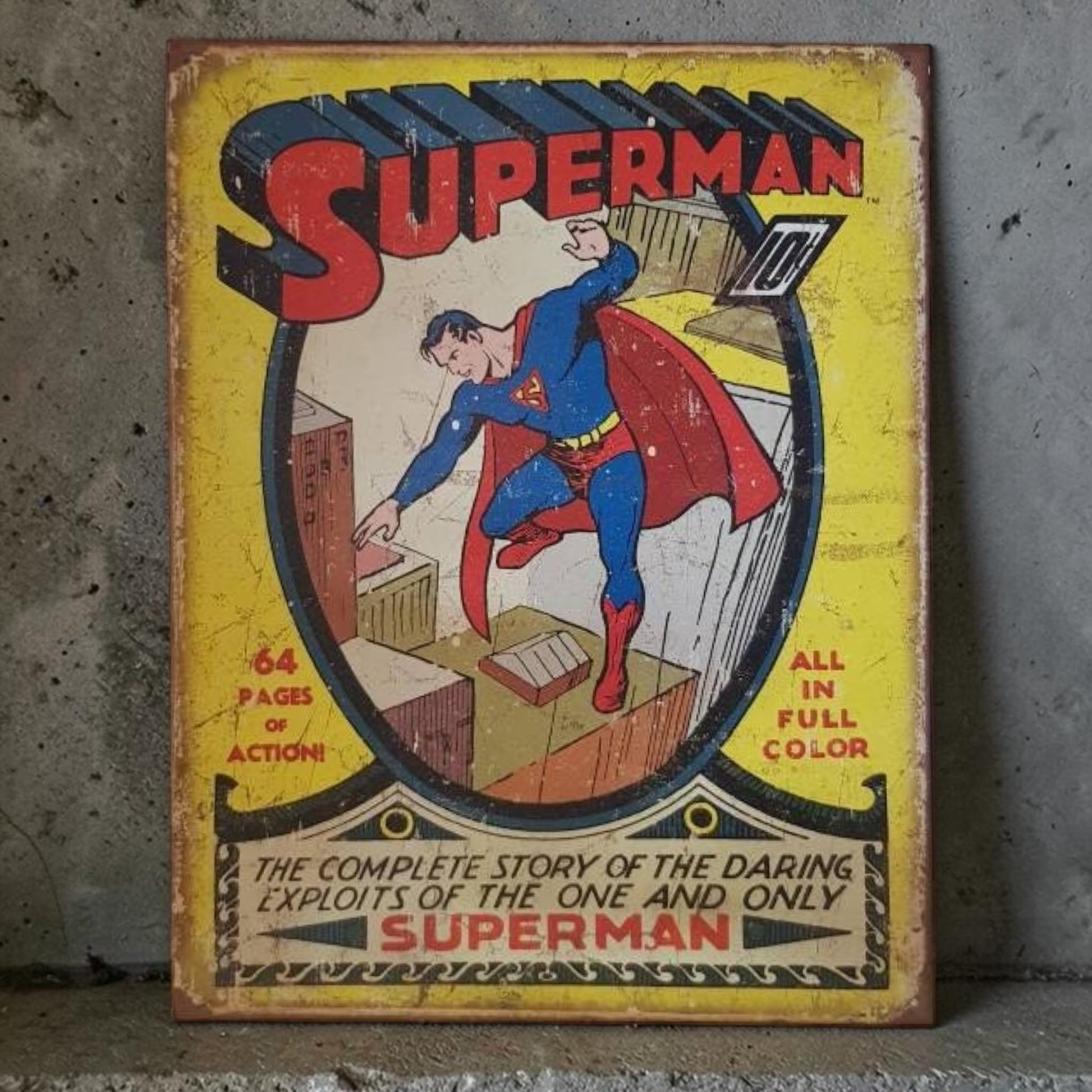 Vintage Superman comic book metal sign, perfect for superhero fans, dorm rooms, and collectible wall décor.