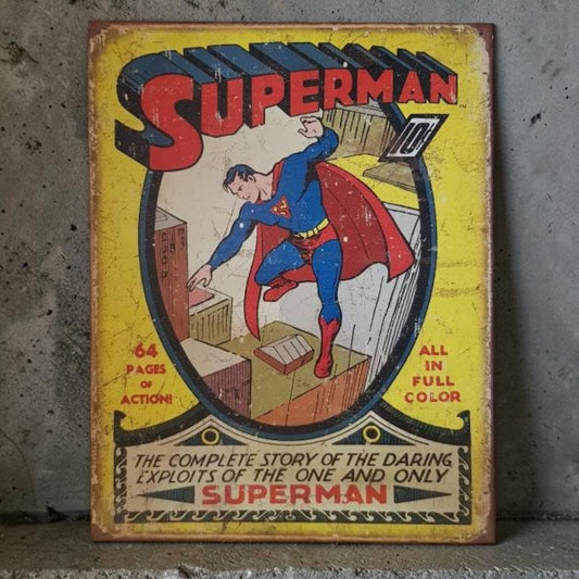 Vintage Superman comic book metal sign, perfect for superhero fans, dorm rooms, and collectible wall décor.