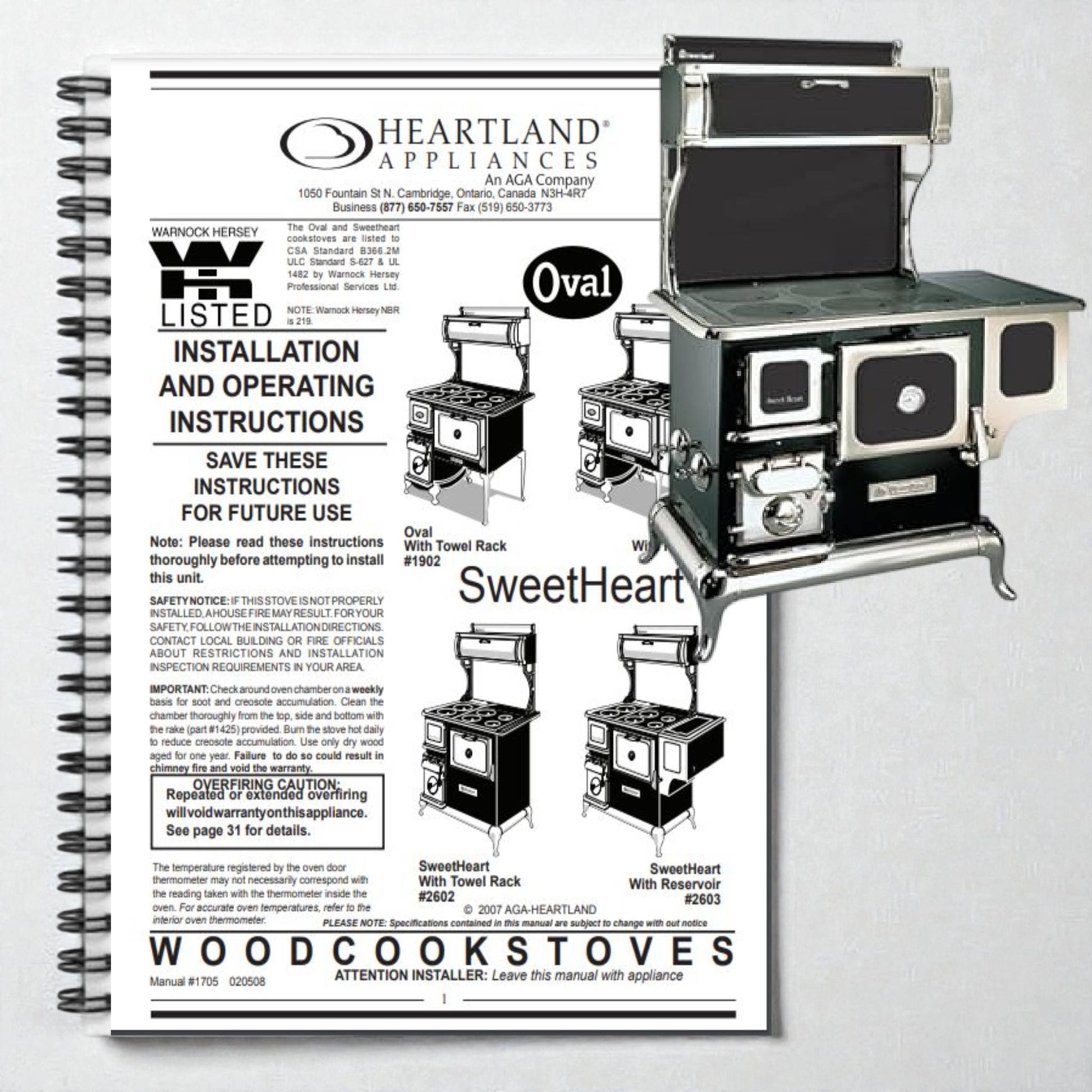 Heartland Appliances SweetHeart wood cookstove manual with illustrations on a white background