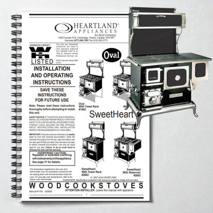 Heartland Appliances SweetHeart wood cookstove manual with illustrations on a white background
