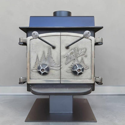Vintage Fisher Teddy Bear wood stove with full factory nickel doors and pedestal base.
