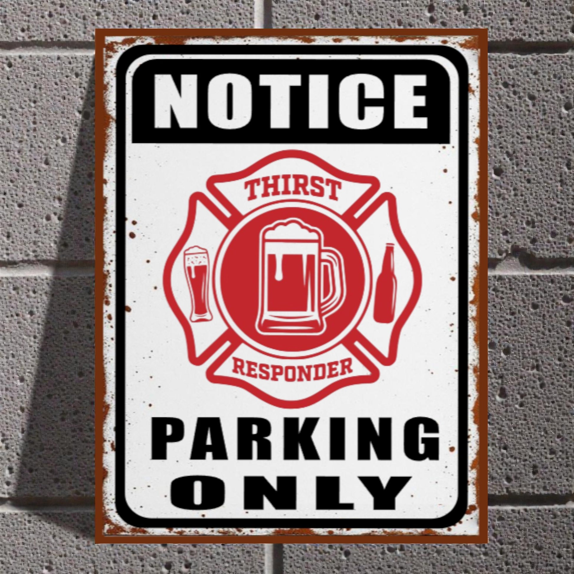 Rustic Metal Man Cave Sign | Thirst Responders Parking Only Fireman Shield Bar Decor