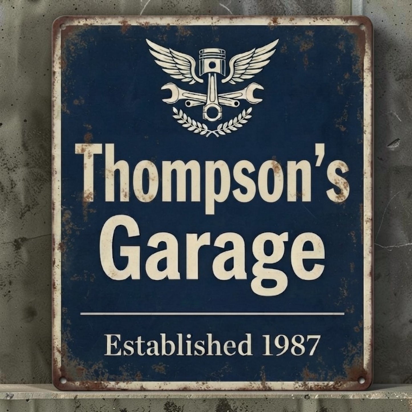 Personalized rustic metal garage sign with custom name and date.
