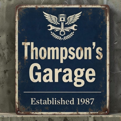 Personalized rustic metal garage sign with custom name and date.

