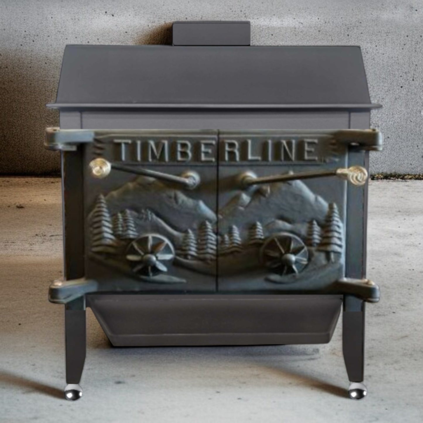 Wood stove with 'Timberline' branding and nature-themed design on a concrete floor.
