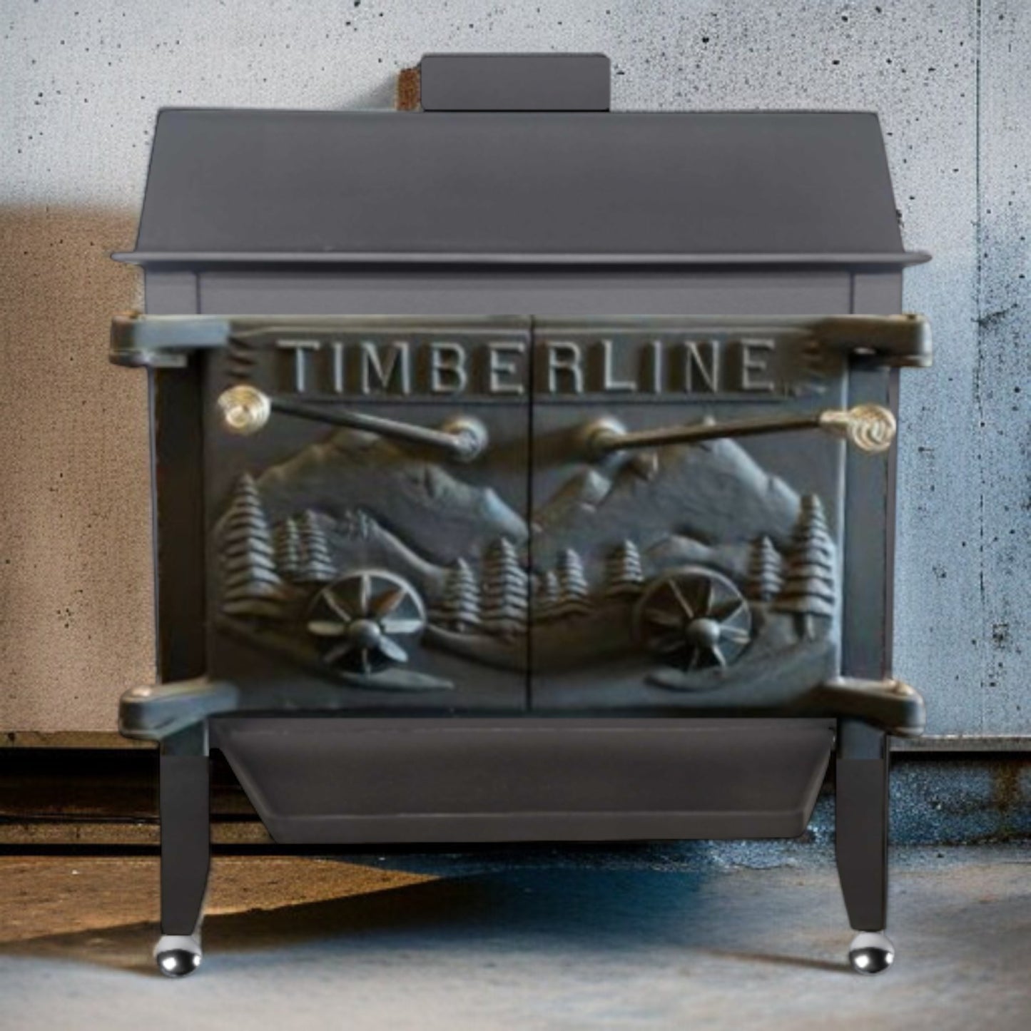 Wood stove with 'TIMBERLINE' branding and decorative design on a concrete wall background