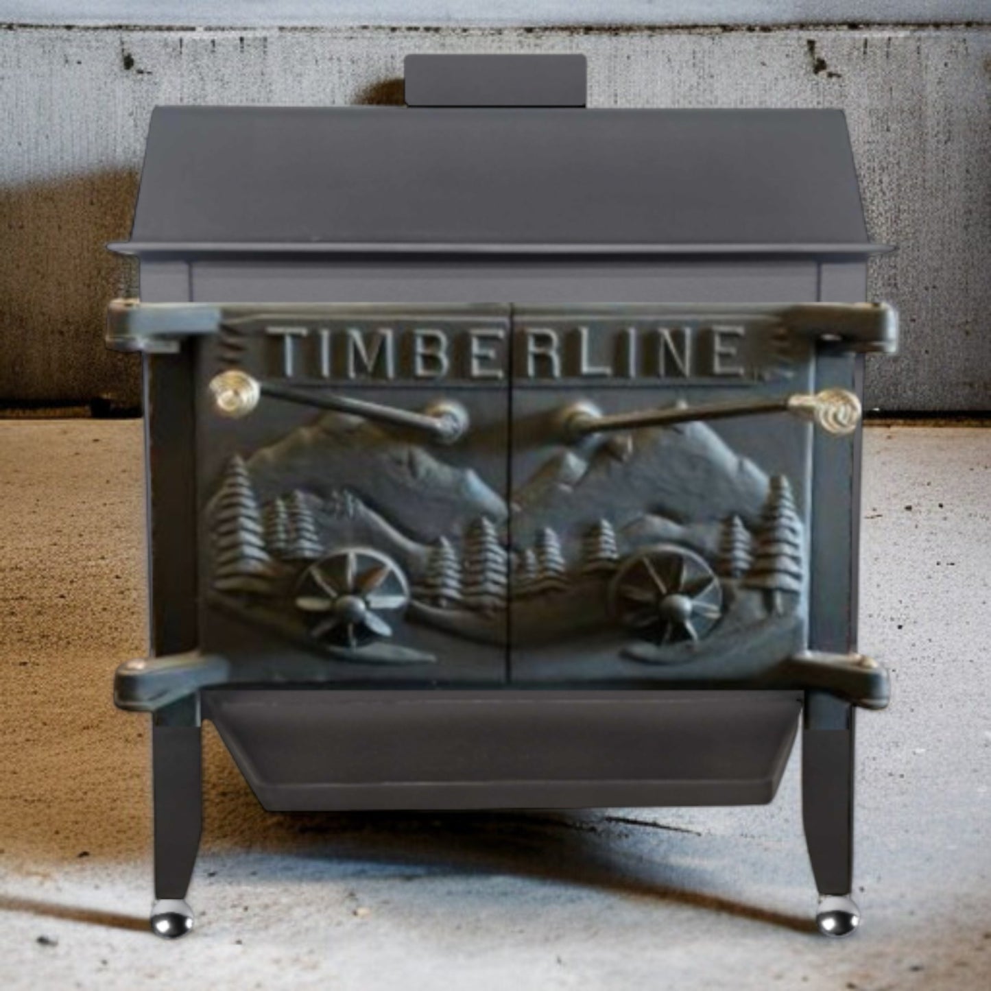 Wood stove with 'TIMBERLINE' branding and nature-themed design on a concrete surface.