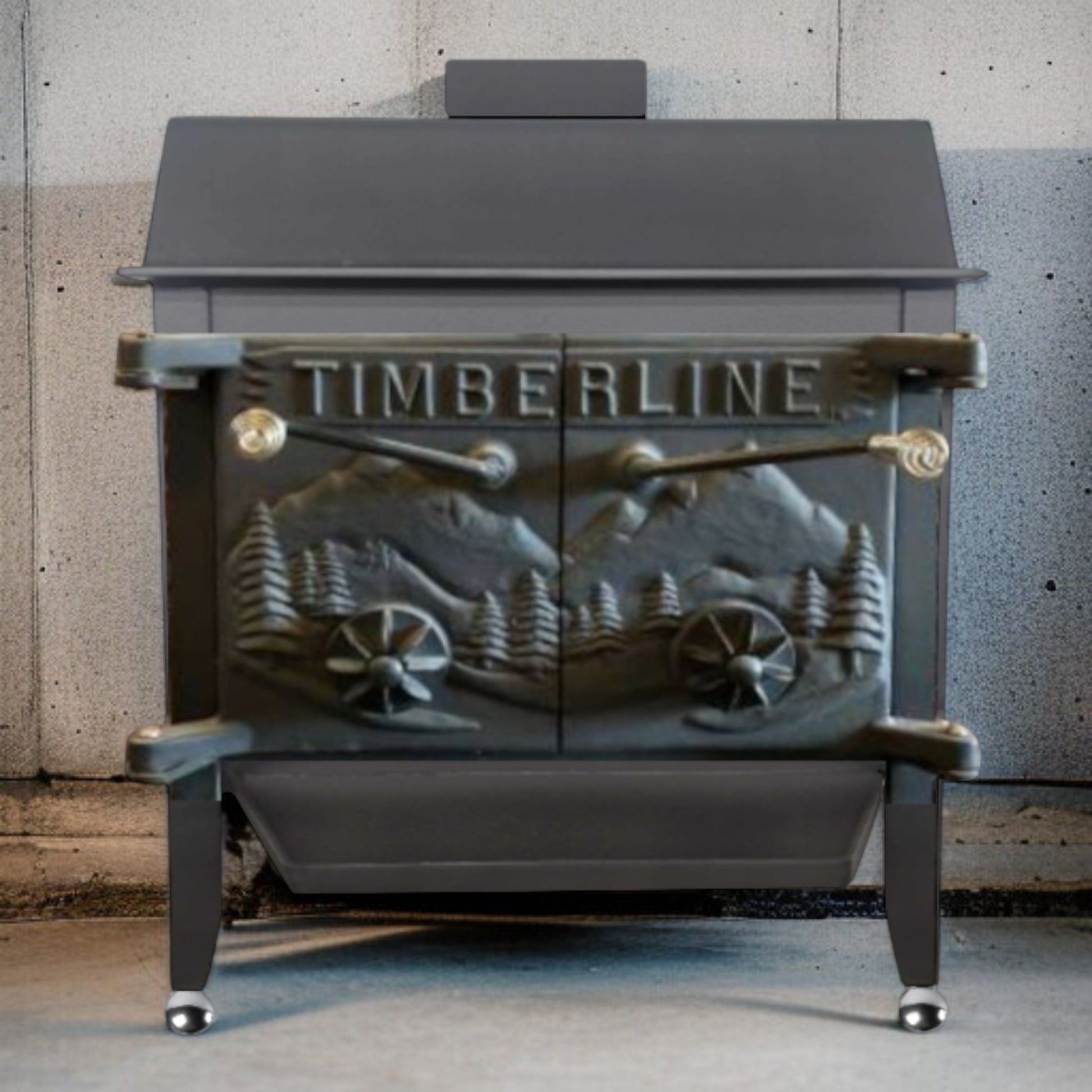 Wood stove with 'TIMBERLINE' branding and decorative elements on a concrete background