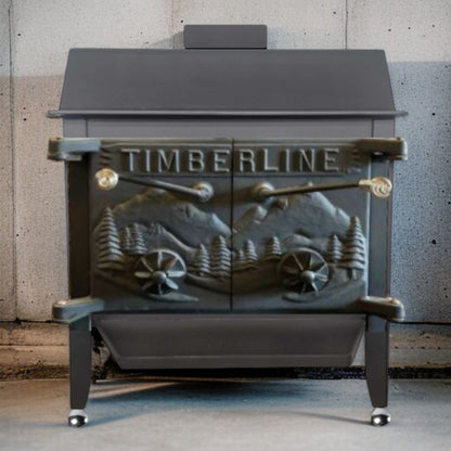 Wood stove with 'TIMBERLINE' branding and decorative elements on a concrete background
